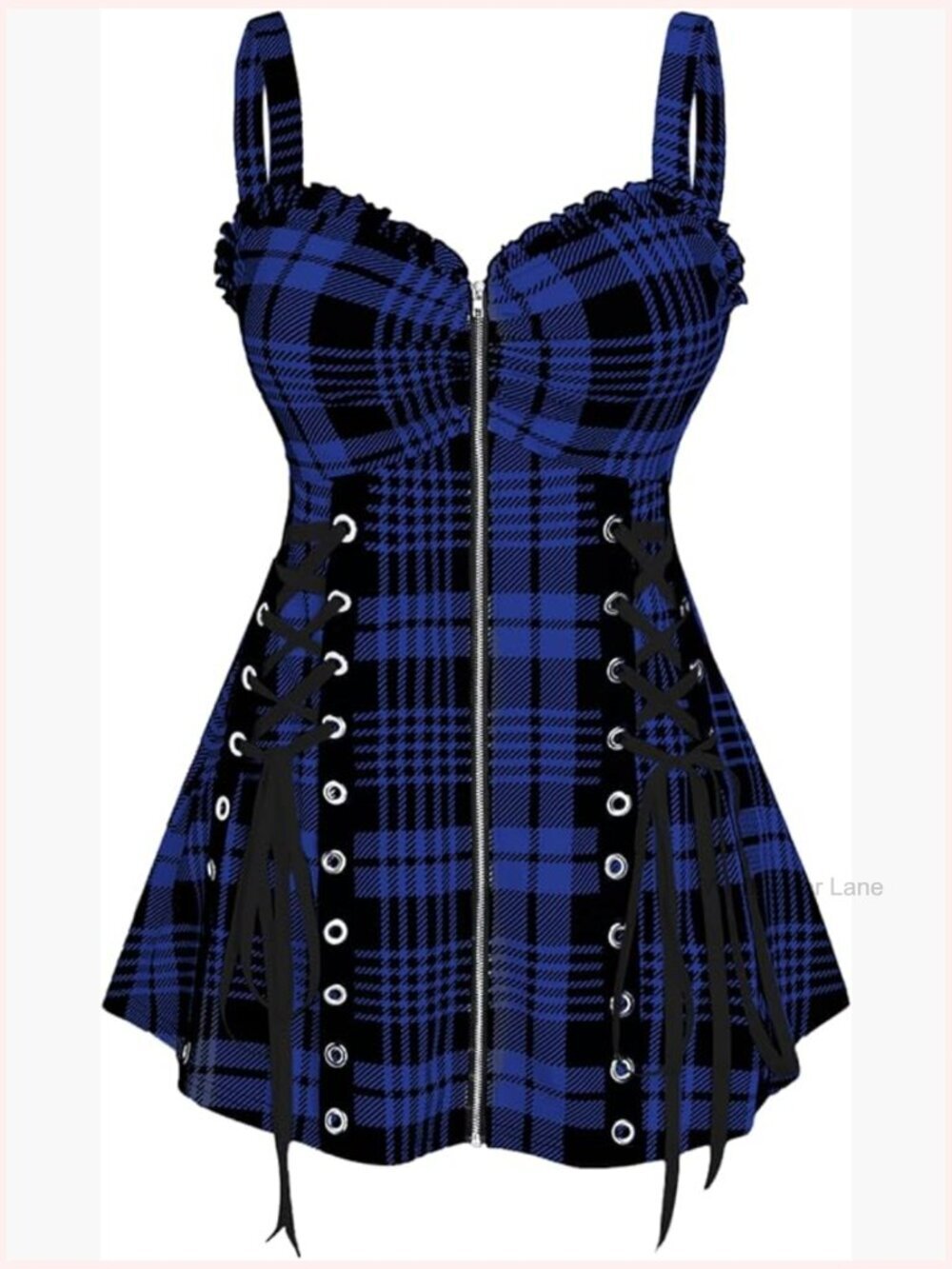 Plus Size Lace Up Full Zipper Plaid Tank Top Gothic Sleeveless Strap Tank